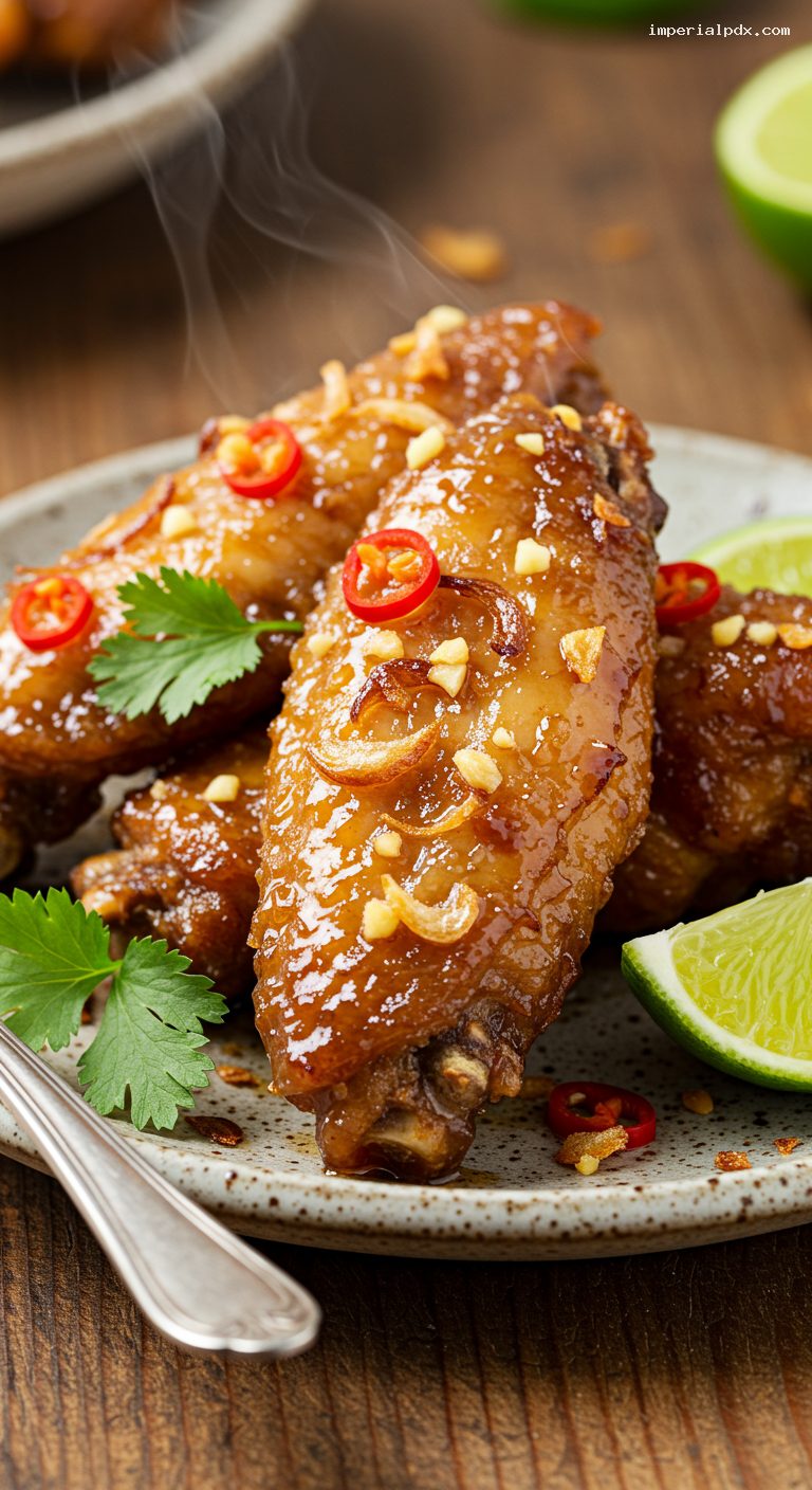 Crispy Fish Sauce Chicken Wings with Garlic and Chilies – Closeup