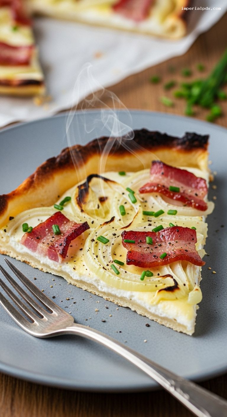 Crispy Flammkuchen with Bacon, Onions, and Chives – Closeup