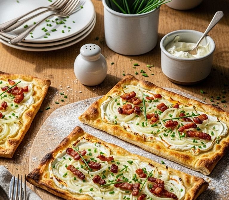 Crispy Flammkuchen with Bacon, Onions, and Chives