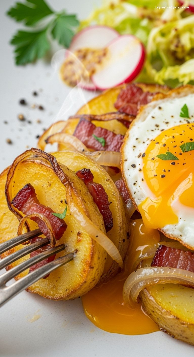 Crispy German Bratkartoffeln with Fried Egg and Salad – Closeup