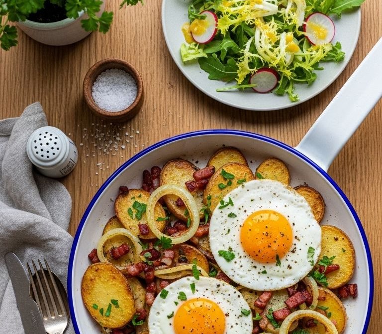 Crispy German Bratkartoffeln with Fried Egg and Salad