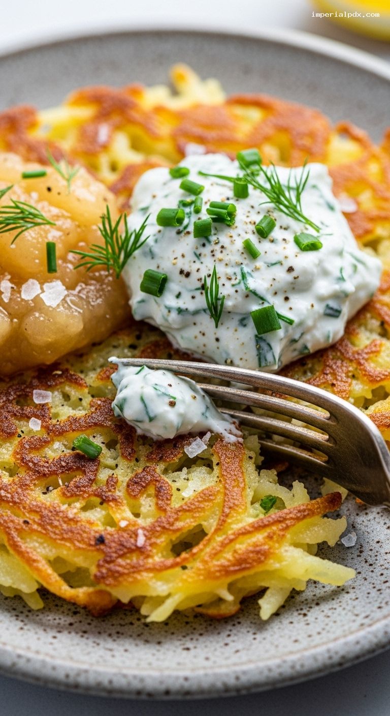 Crispy German Potato Pancakes with Applesauce or Herb Quark – Closeup