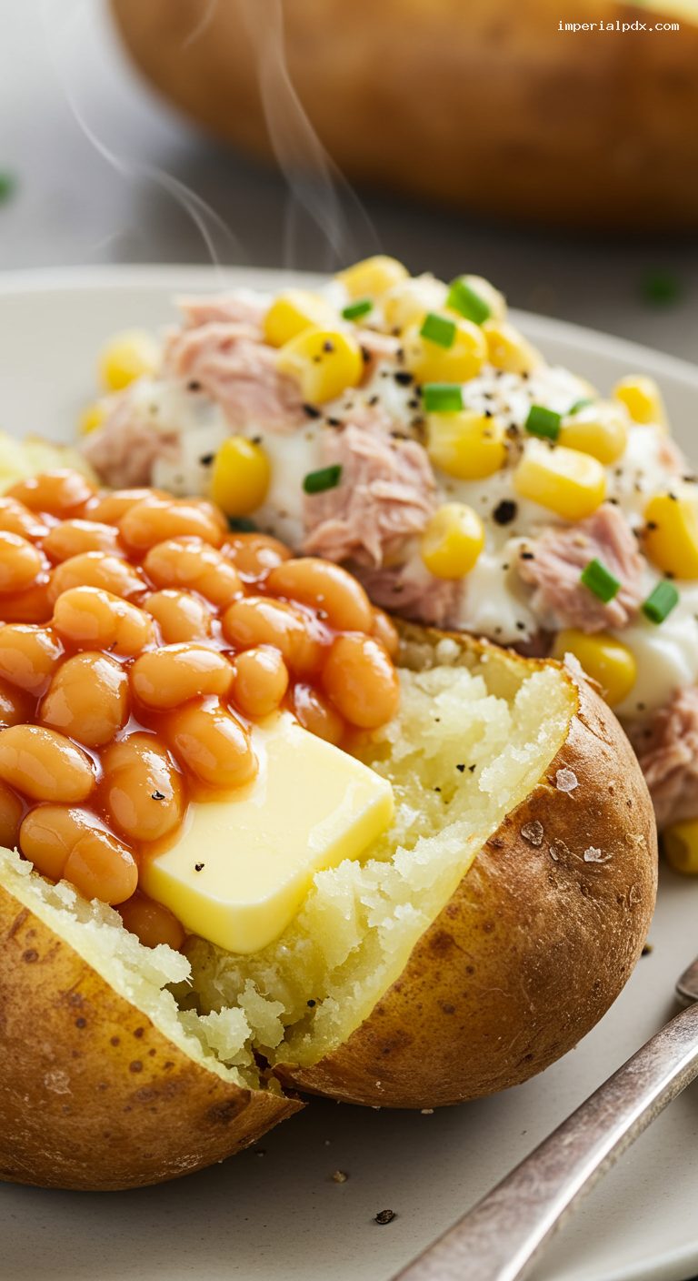 Crispy Jacket Potatoes with Cheddar, Beans, or Tuna Mayo – Closeup