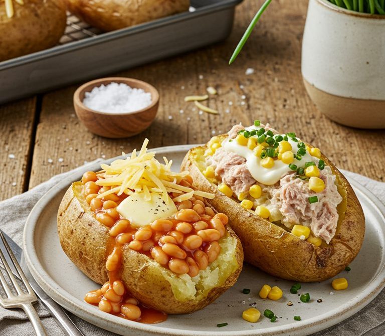 Crispy Jacket Potatoes with Cheddar, Beans, or Tuna Mayo
