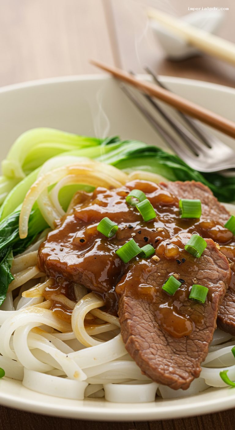 Crispy Pan-Fried Pho with Black Pepper Beef Gravy – Closeup