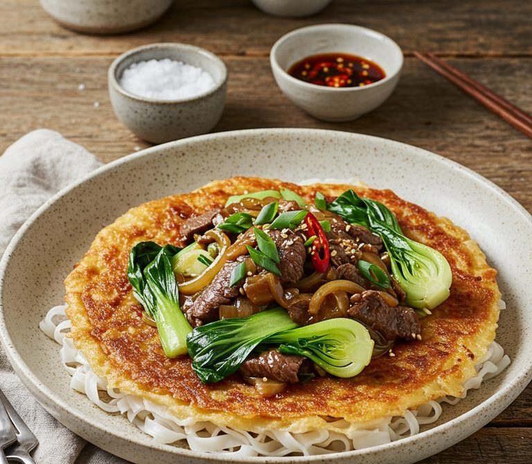 Crispy Pan-Fried Pho with Black Pepper Beef Gravy