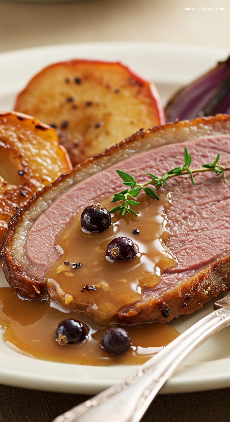 Crispy Roast Goose with Juniper Gravy – Closeup