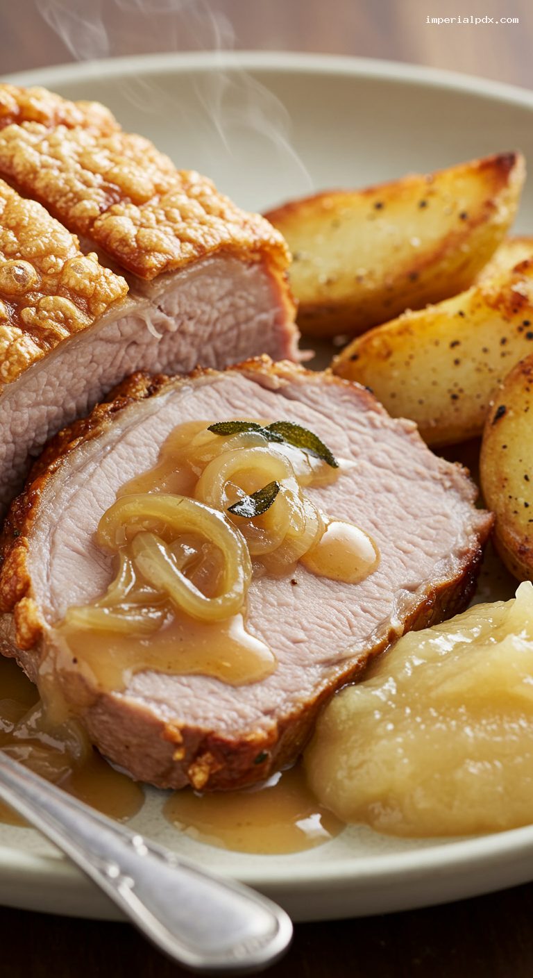 Crispy Roast Pork with Sage Stuffing and Cider Gravy – Closeup