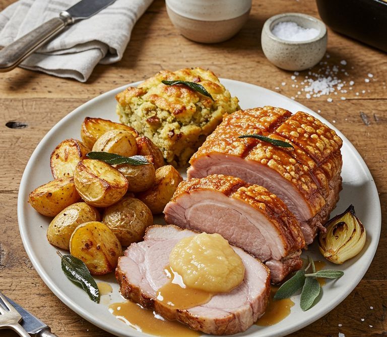 Crispy Roast Pork with Sage Stuffing and Cider Gravy