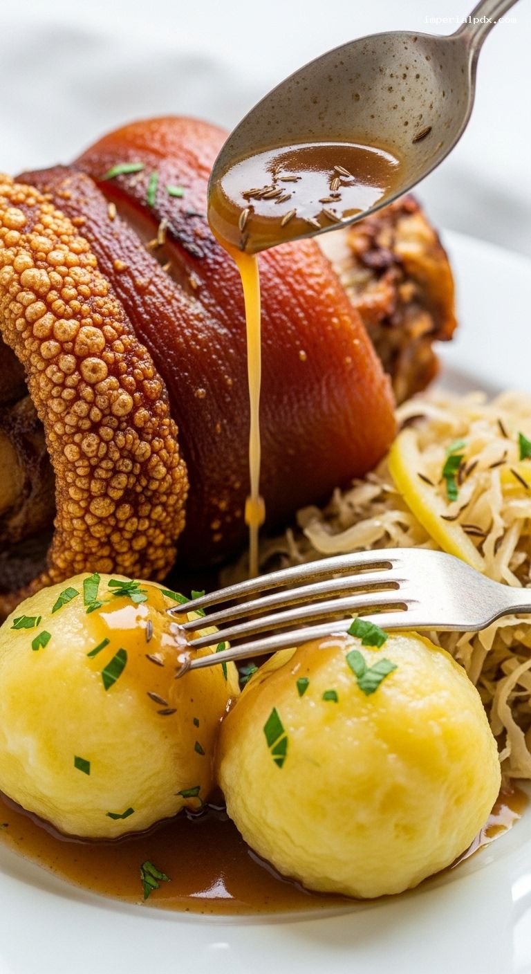 Crispy Schweinshaxe with Sauerkraut and Potato Dumplings – Closeup