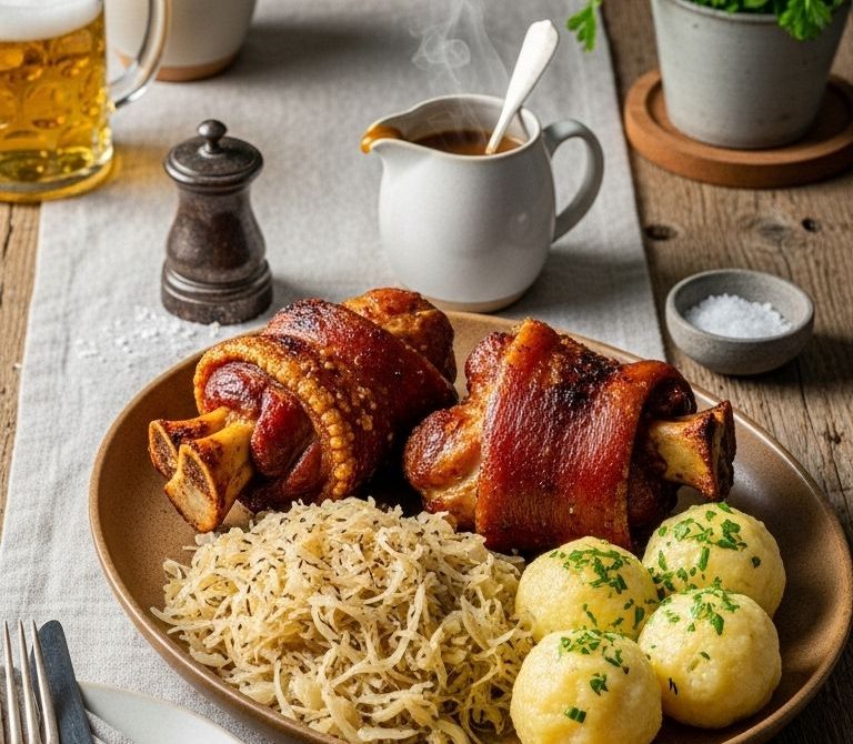 Crispy Schweinshaxe with Sauerkraut and Potato Dumplings