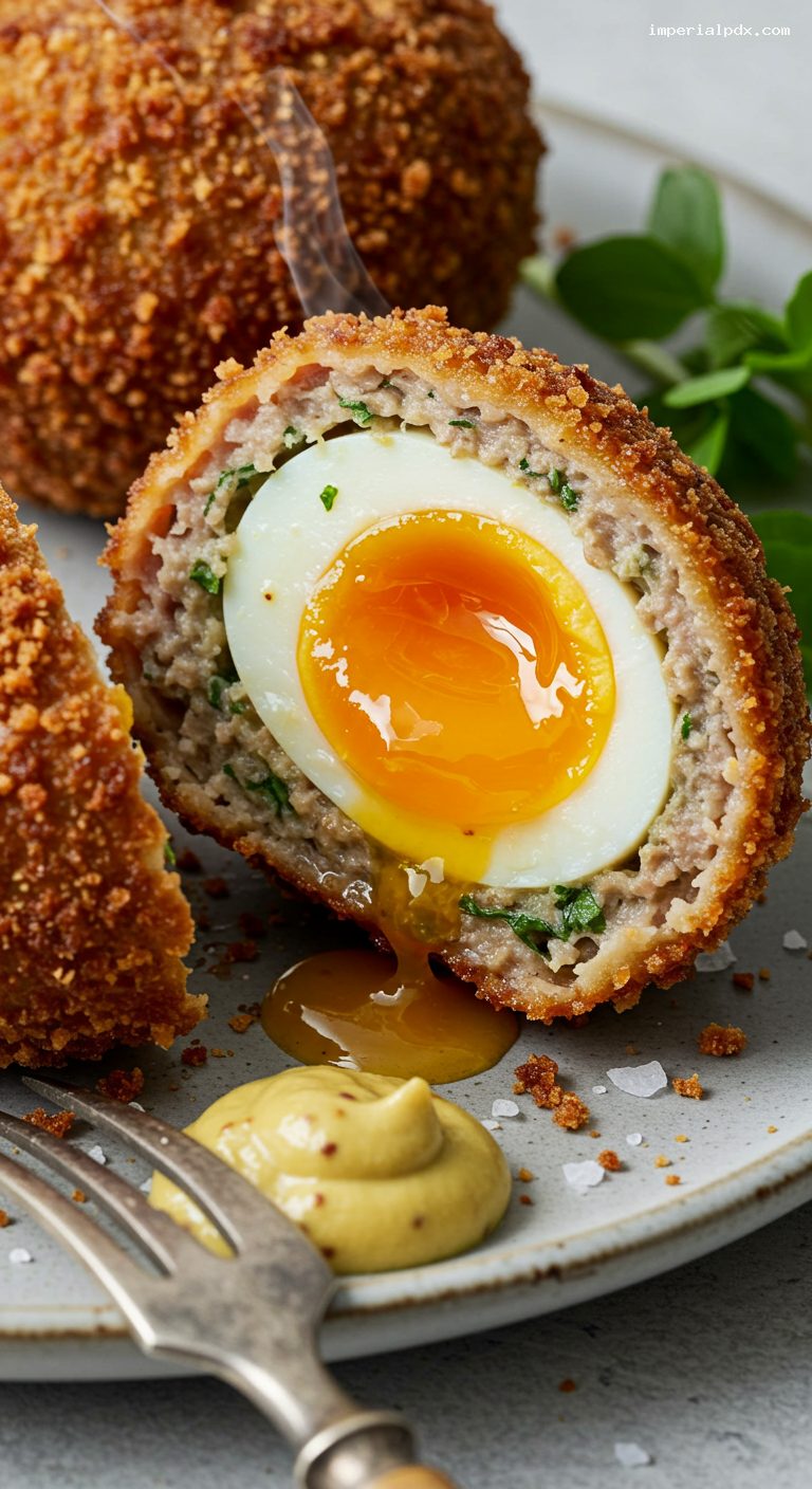 Crispy Scotch Eggs with Herbed Sausage and Mustard – Closeup