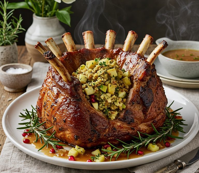 Crown Roast of Pork with Herbed Stuffing and Cider Gravy