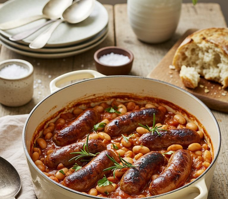 Cumberland Sausage and Bean Casserole with Cider