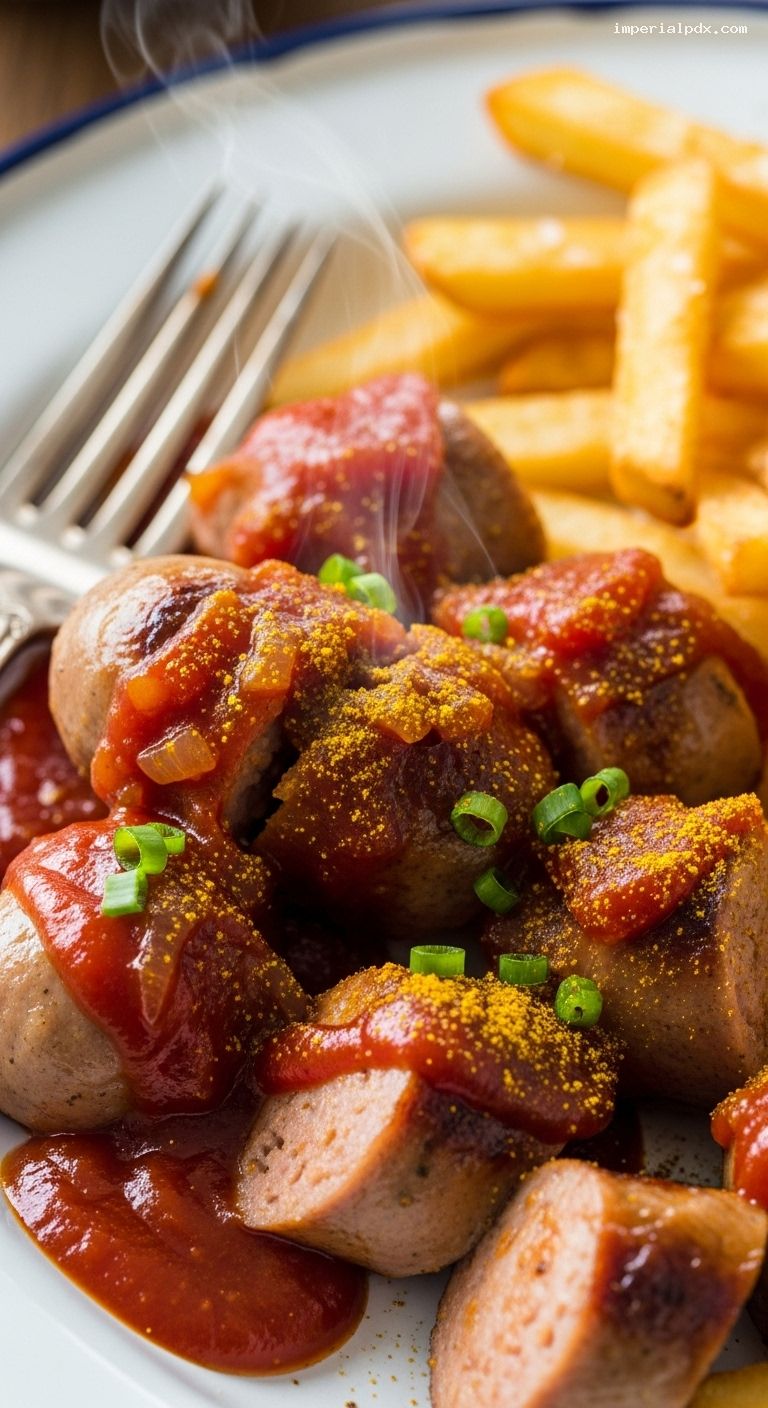 Currywurst with Crispy Fries and Curry Ketchup – Closeup