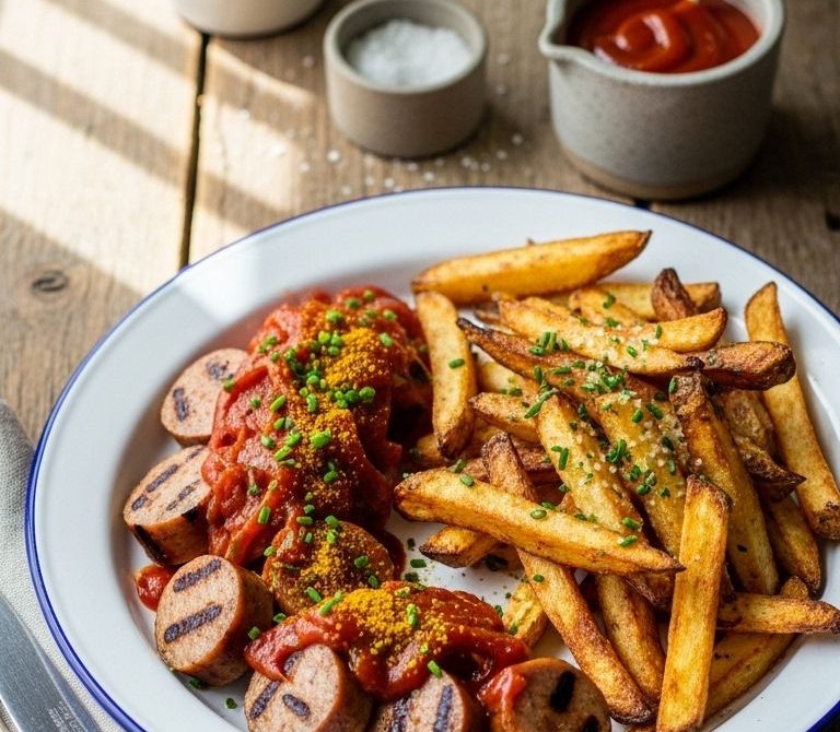 Currywurst with Crispy Fries and Curry Ketchup