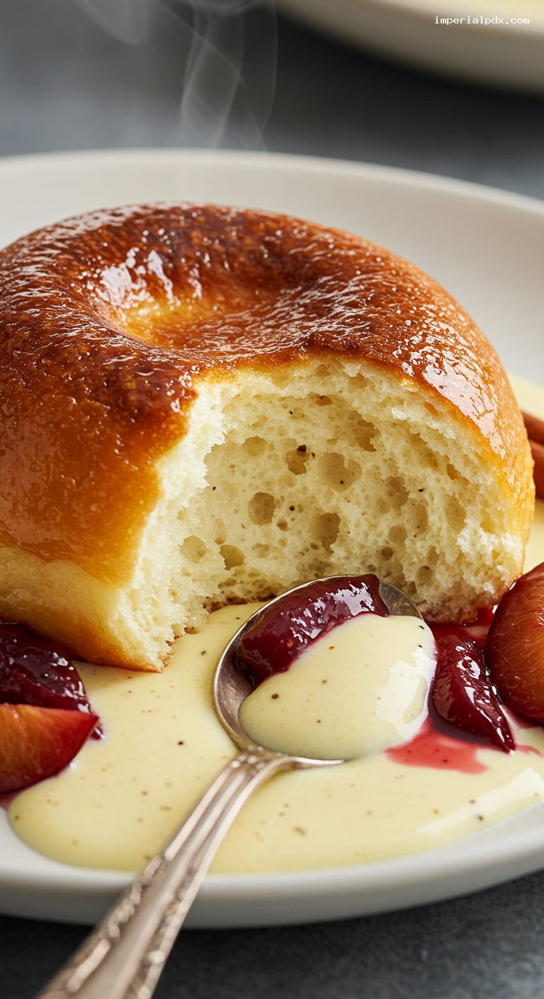 Dampfnudeln with Vanilla Sauce and Plum Compote – Closeup