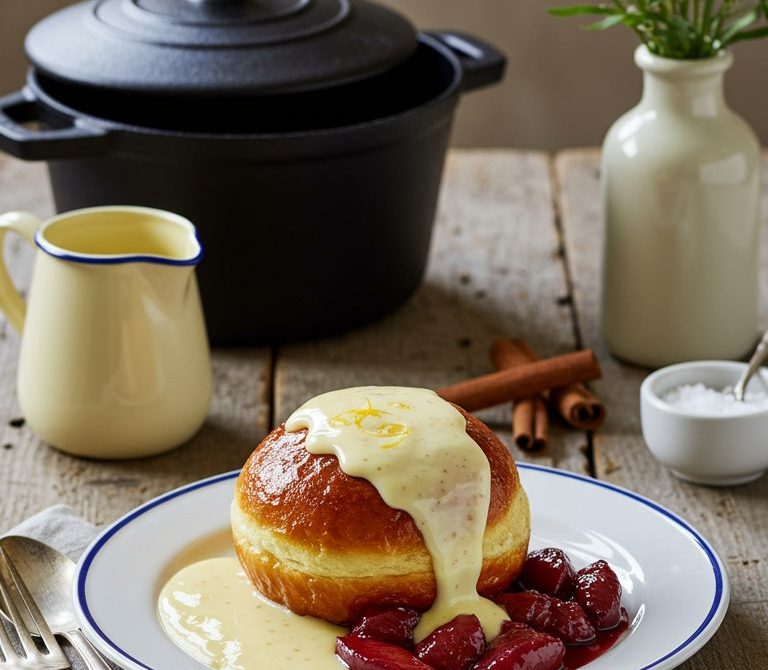 Dampfnudeln with Vanilla Sauce and Plum Compote
