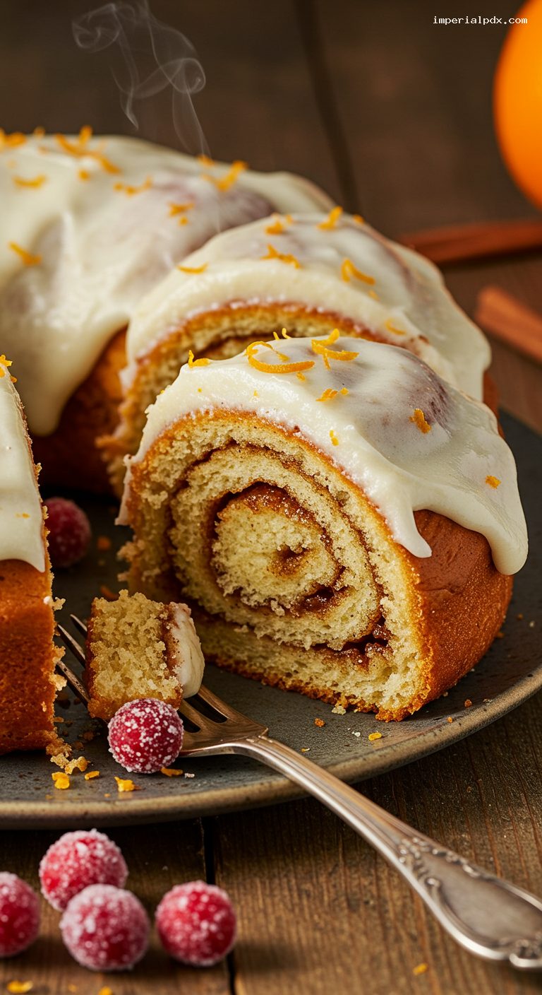 Eggnog Cinnamon Roll Wreath with Orange Cream Cheese Frosting – Closeup