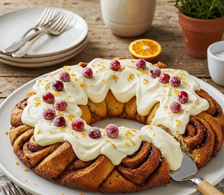 Eggnog Cinnamon Roll Wreath with Orange Cream Cheese Frosting
