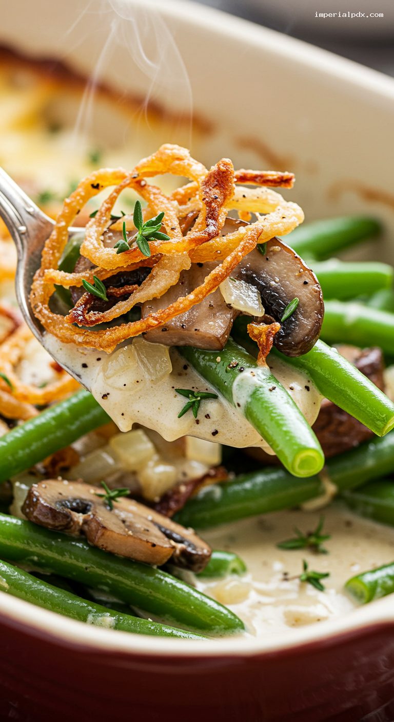 From-Scratch Green Bean Casserole with Crispy Shallots – Closeup