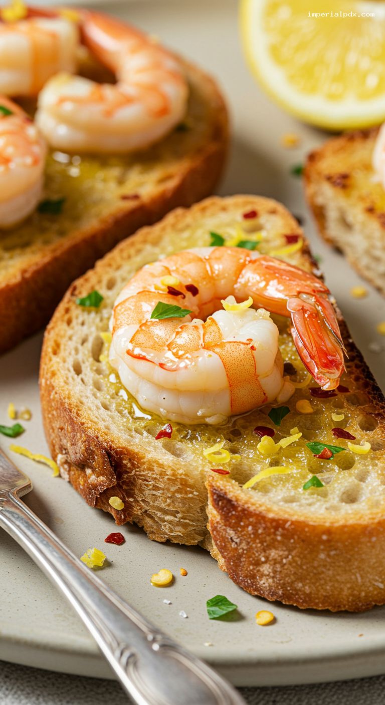 Garlic Butter Shrimp Toast with Lemon and Chili – Closeup