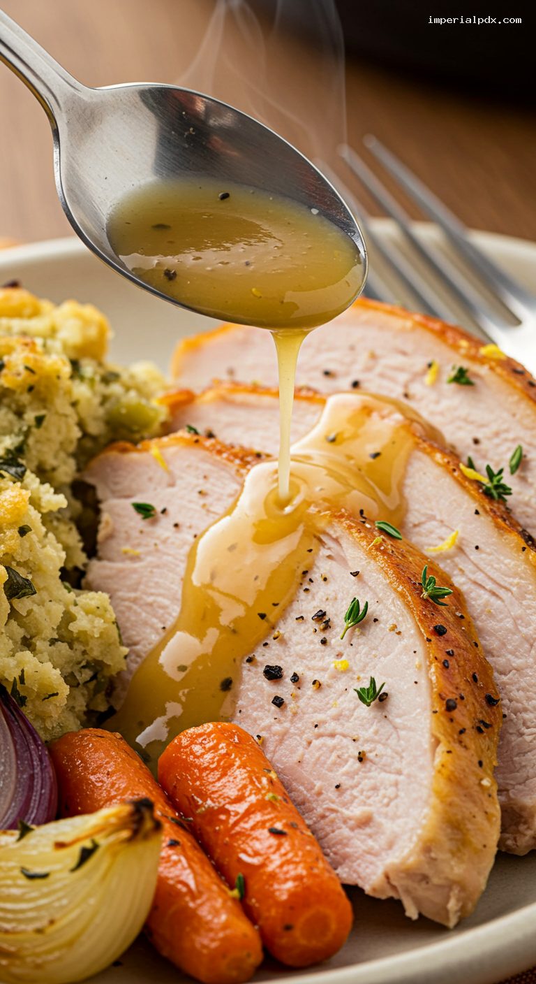Garlic-Herb Butter Roast Turkey with Pan Gravy and Dressing – Closeup