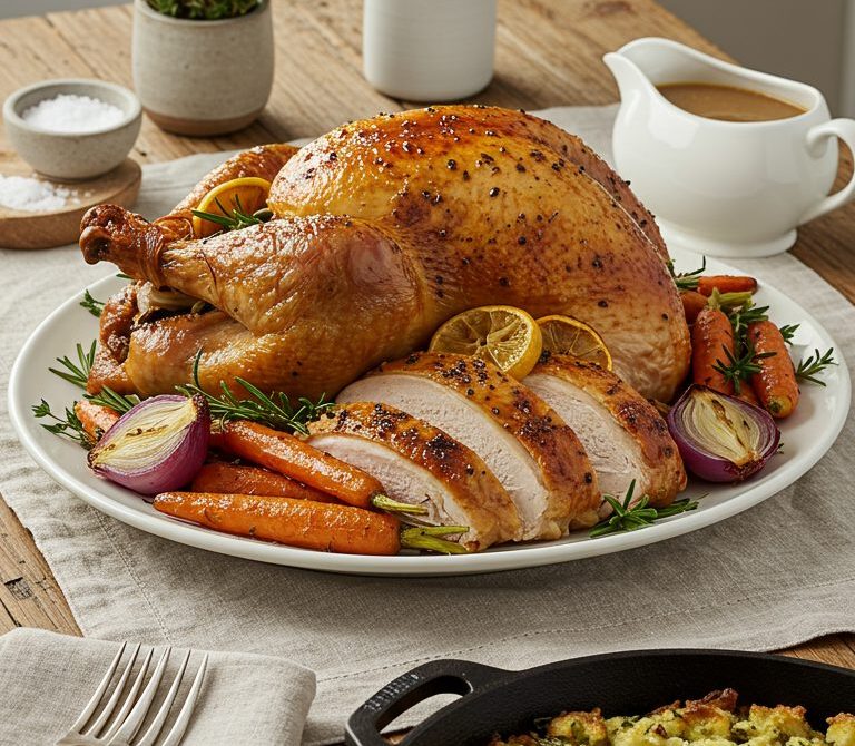 Garlic-Herb Butter Roast Turkey with Pan Gravy and Dressing