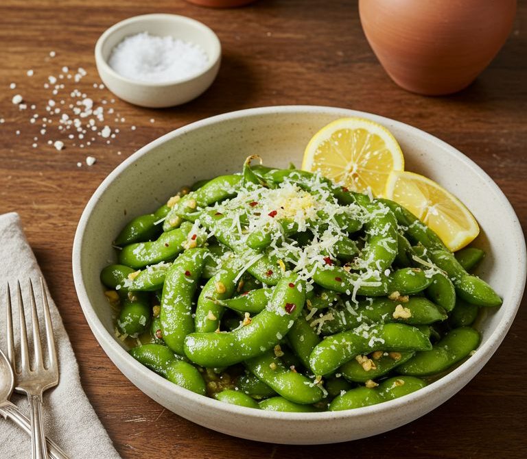 Garlic Parmesan Edamame with Lemon Butter