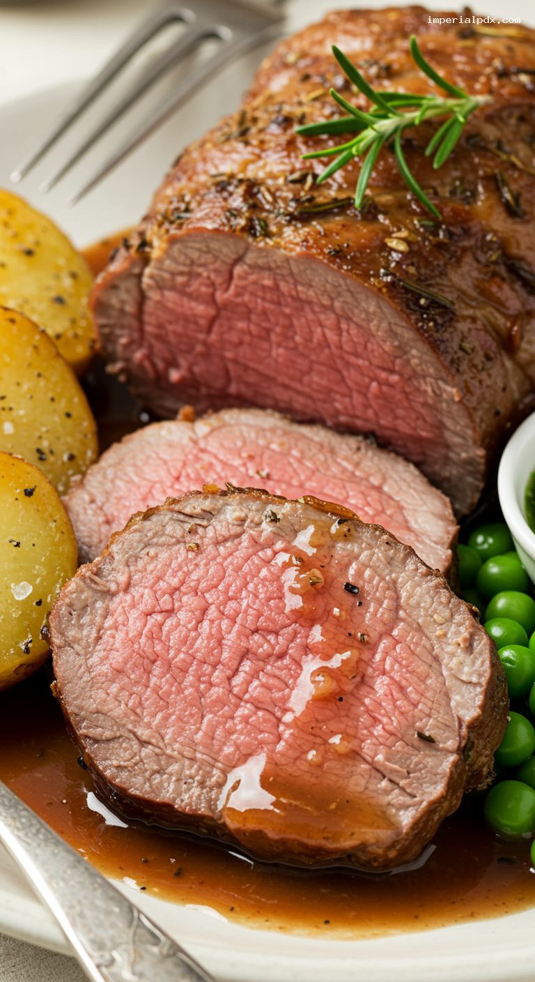 Garlic-Rosemary Roast Leg of Lamb with Mint Sauce – Closeup