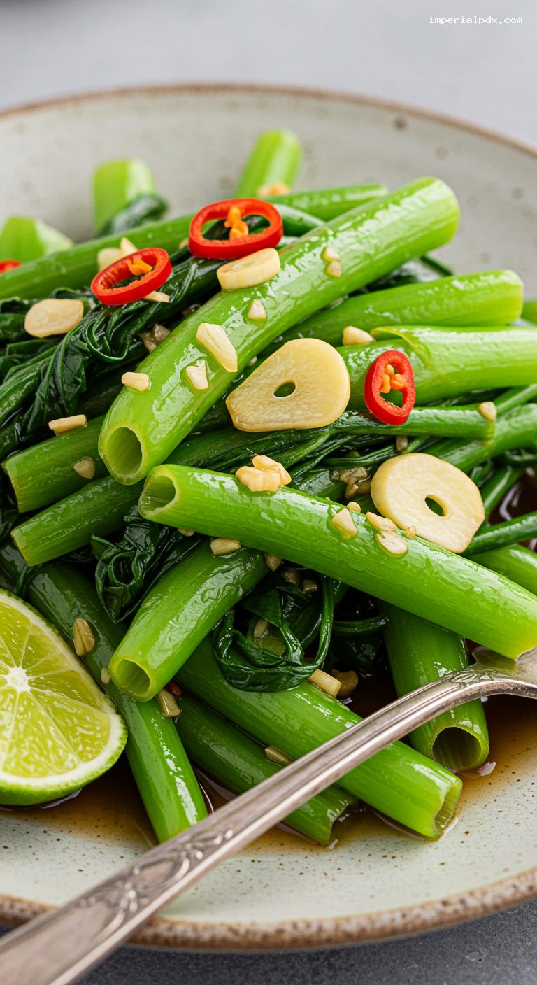 Garlicky Wok-Tossed Water Spinach with Fish Sauce – Closeup