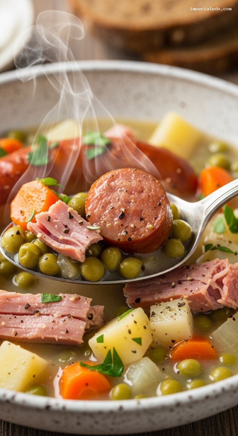 German Split Pea Stew with Ham Hock and Sausage – Closeup