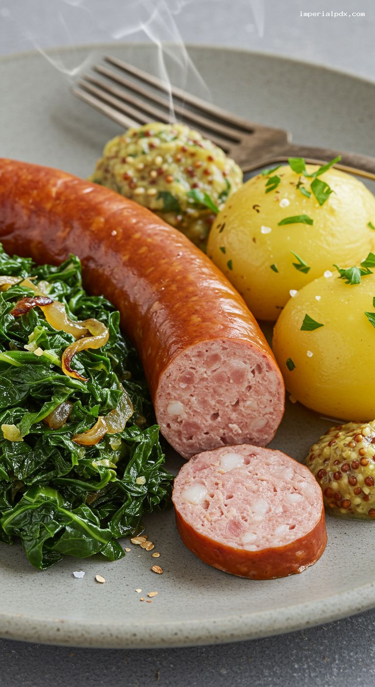 German Winter Kale with Smoked Sausage and Potatoes – Closeup