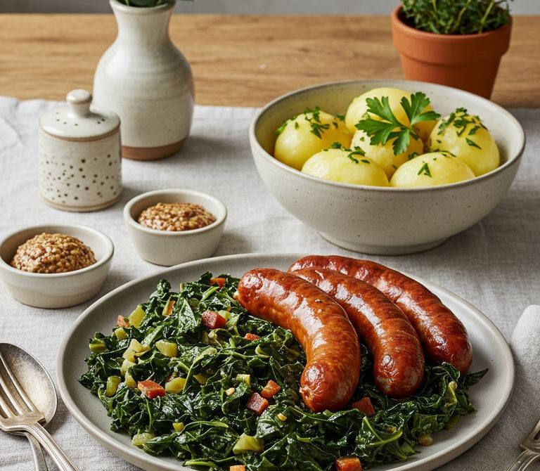 German Winter Kale with Smoked Sausage and Potatoes