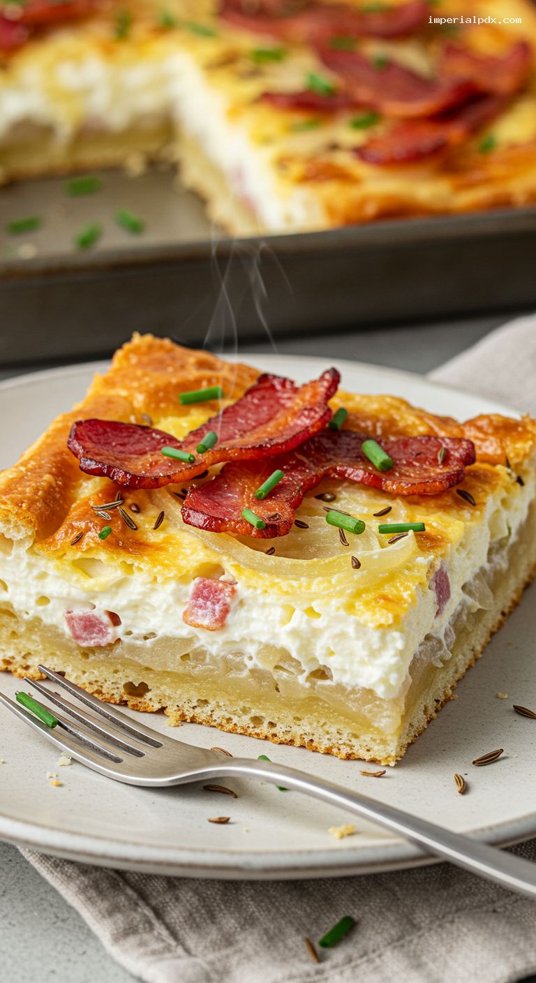 German Zwiebelkuchen (Onion and Bacon Tart) – Closeup