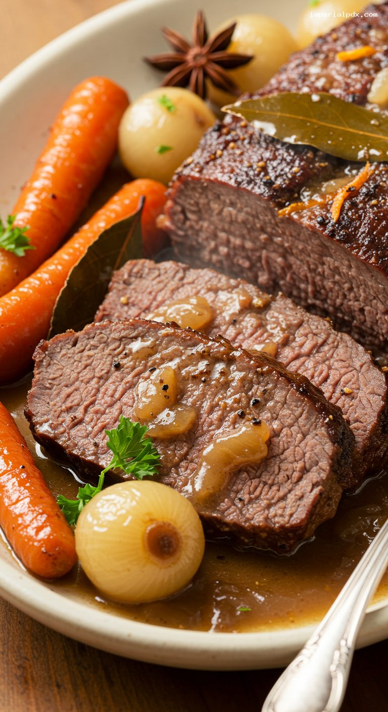 Gingerbread-Spiced Pot Roast with Apple Cider and Carrots – Closeup