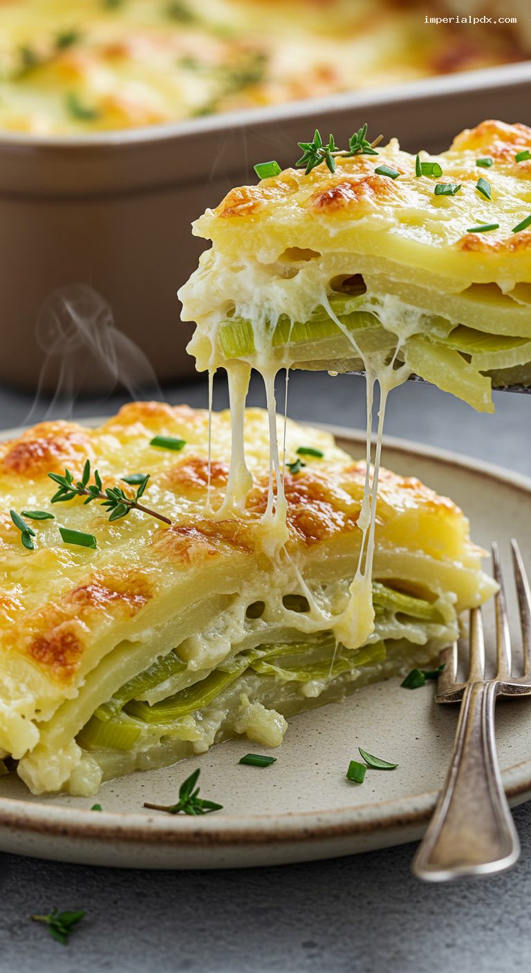 Golden Potato-Leek Gratin with Gruyère and Nutmeg – Closeup