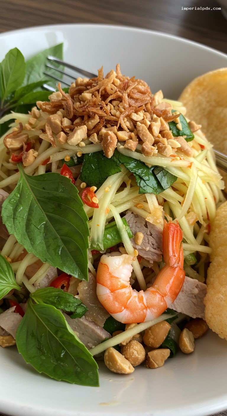 Green Papaya Salad with Shrimp, Herbs, and Peanuts – Closeup