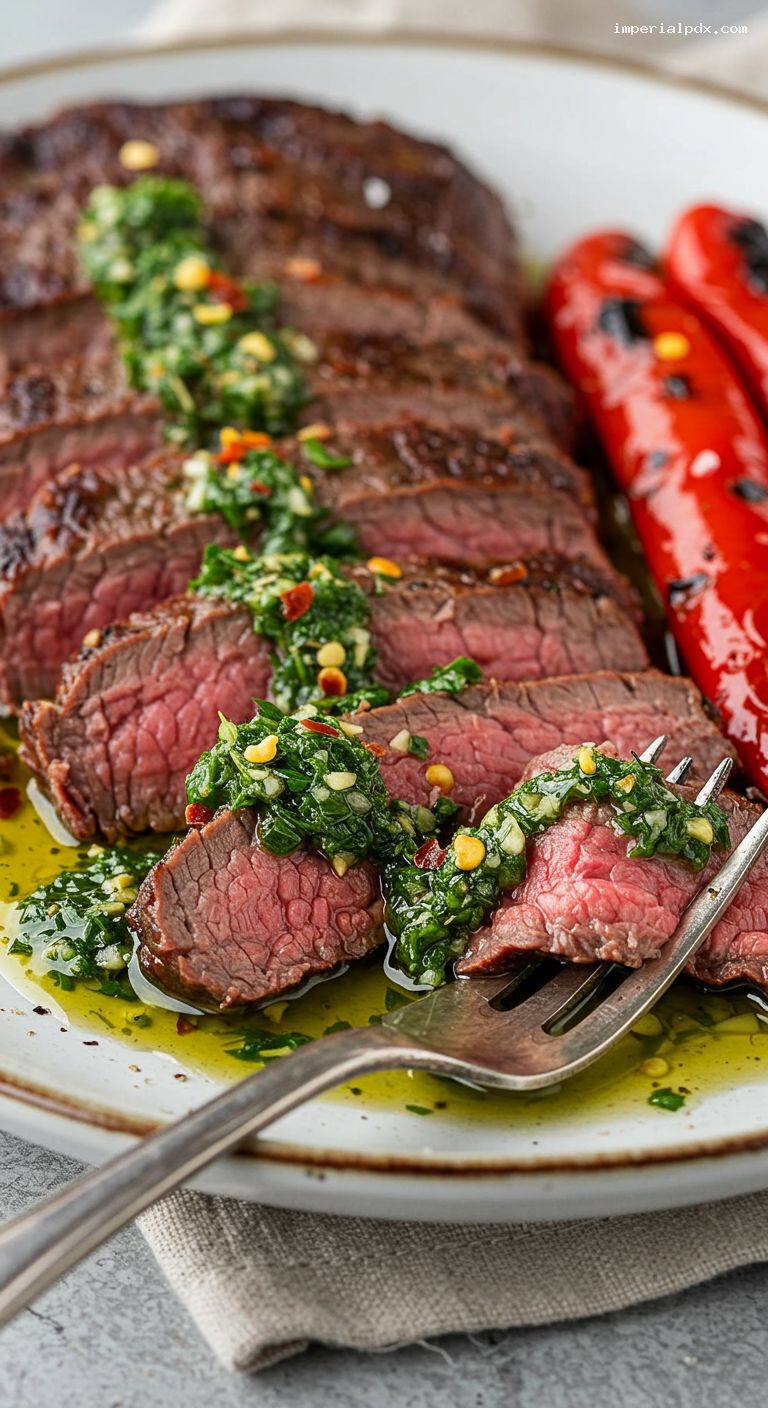 Grilled Flank Steak with Chimichurri and Roasted Peppers – Closeup