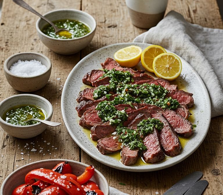 Grilled Flank Steak with Chimichurri and Roasted Peppers