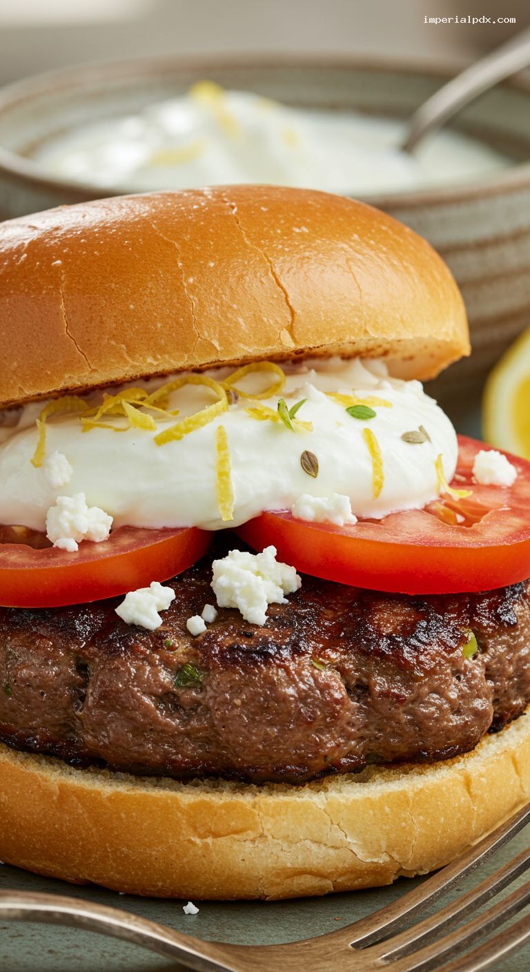 Grilled Lamb Burgers with Feta and Lemony Yogurt – Closeup