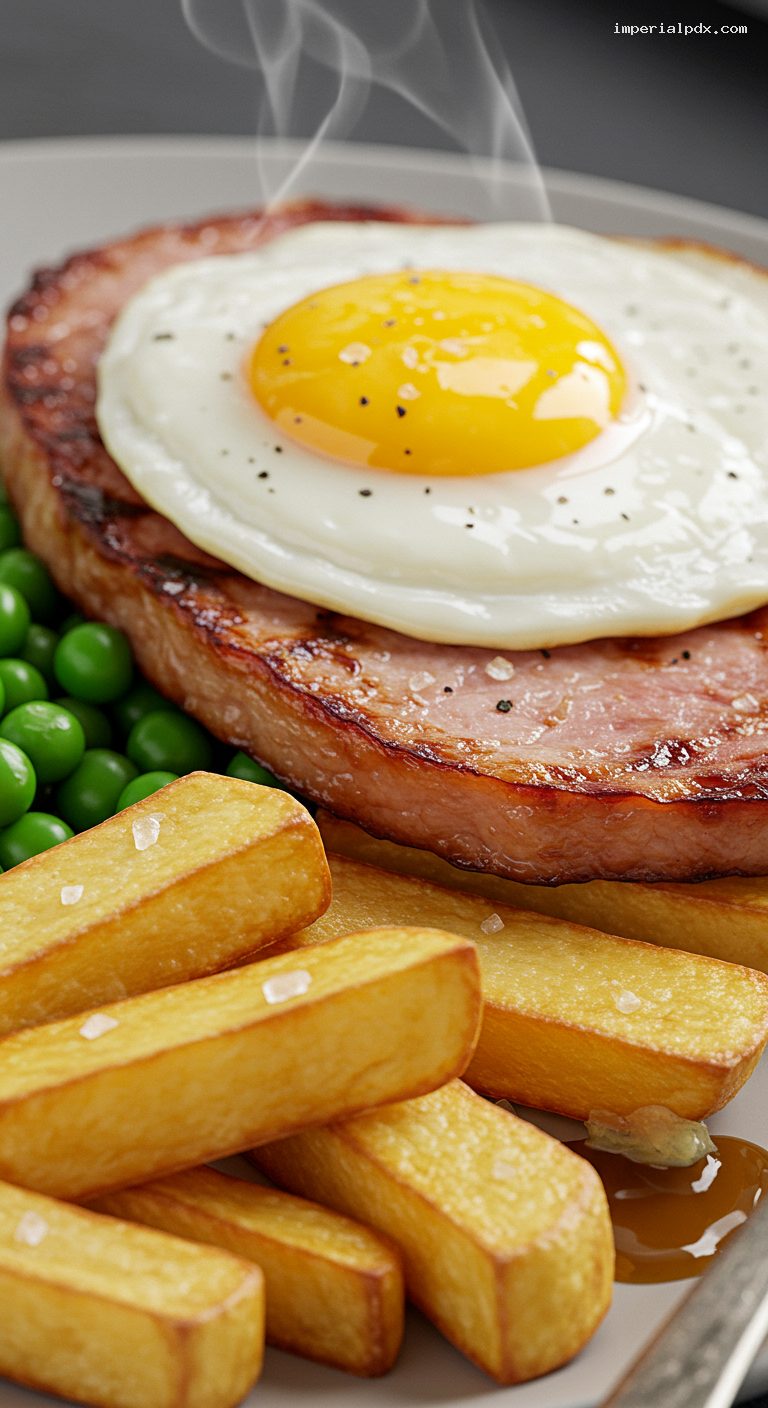 Ham Steak with Runny Egg, Chunky Chips, and Peas – Closeup
