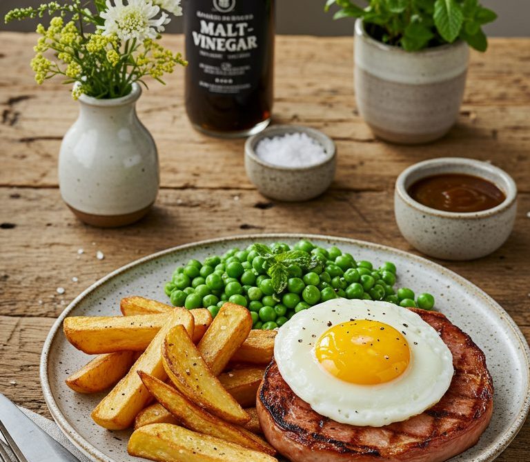 Ham Steak with Runny Egg, Chunky Chips, and Peas
