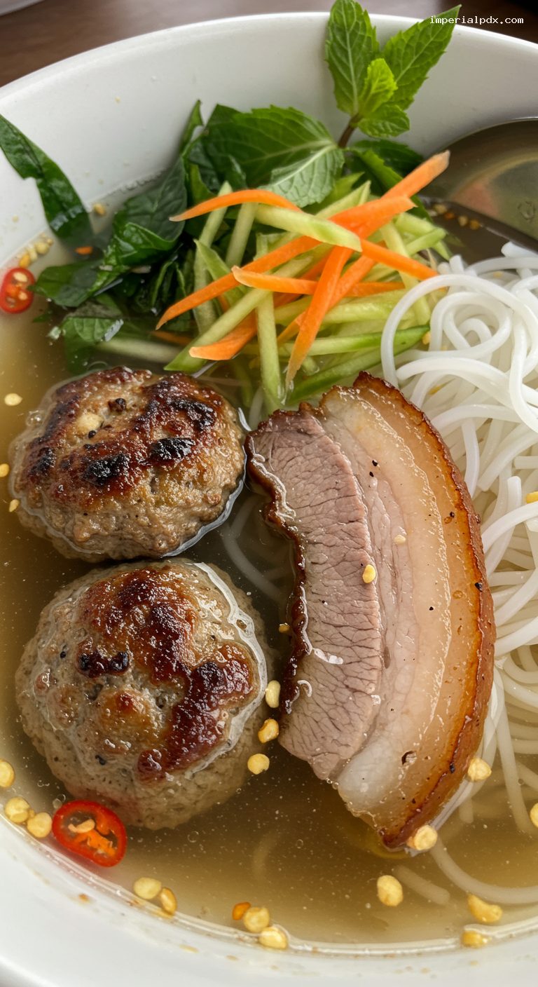 Hanoi Bun Cha with Smoky Grilled Pork and Herbs – Closeup