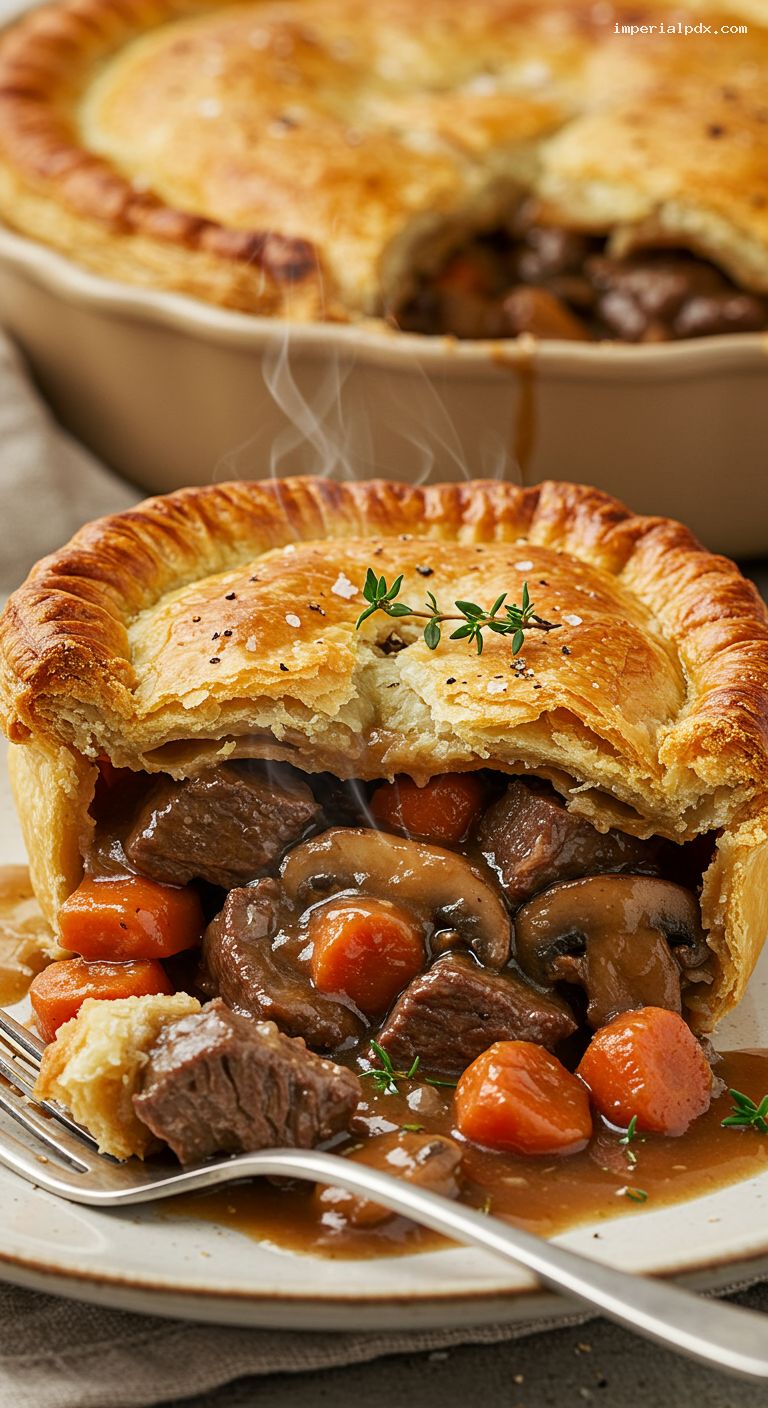 Hearty Beef and Mushroom Pie with Ale Gravy – Closeup