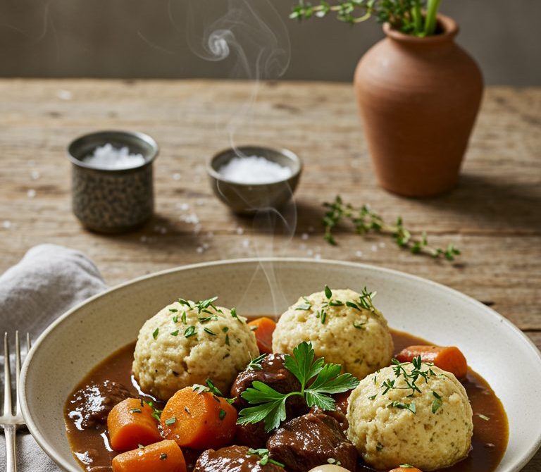 Hearty Beef Stew with Suet Dumplings