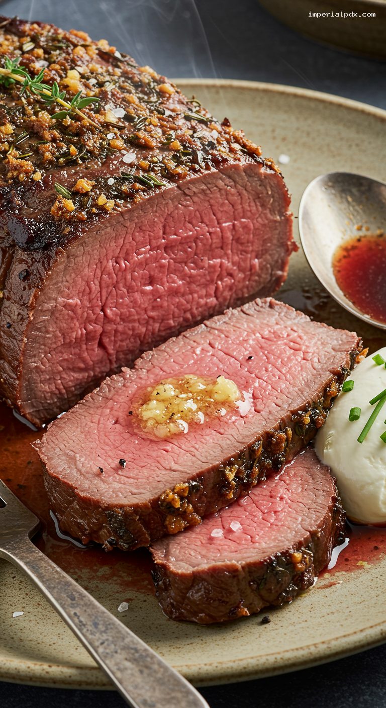 Herb-Crusted Prime Rib with Red Wine Au Jus – Closeup