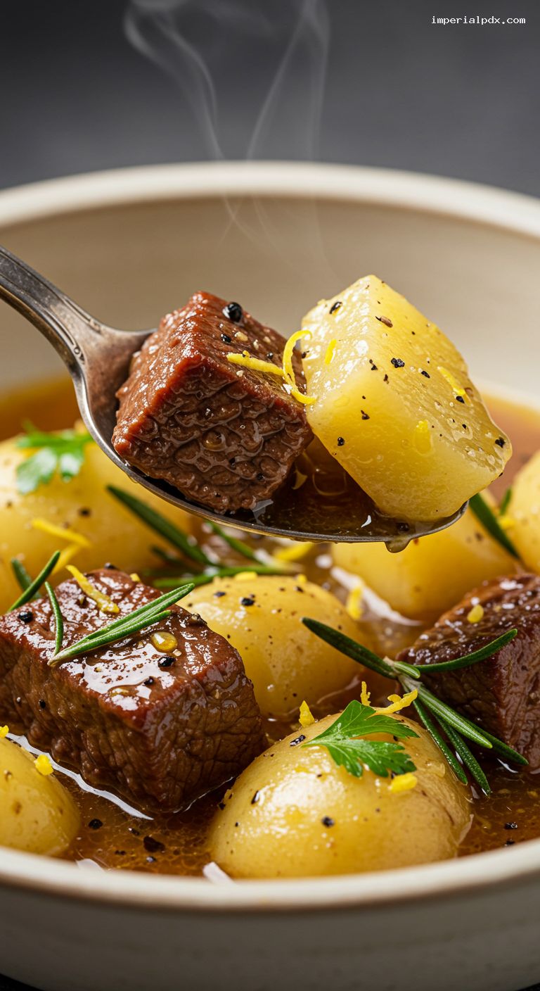 Herbed Lamb and Potato Stew with Lemon Zest – Closeup