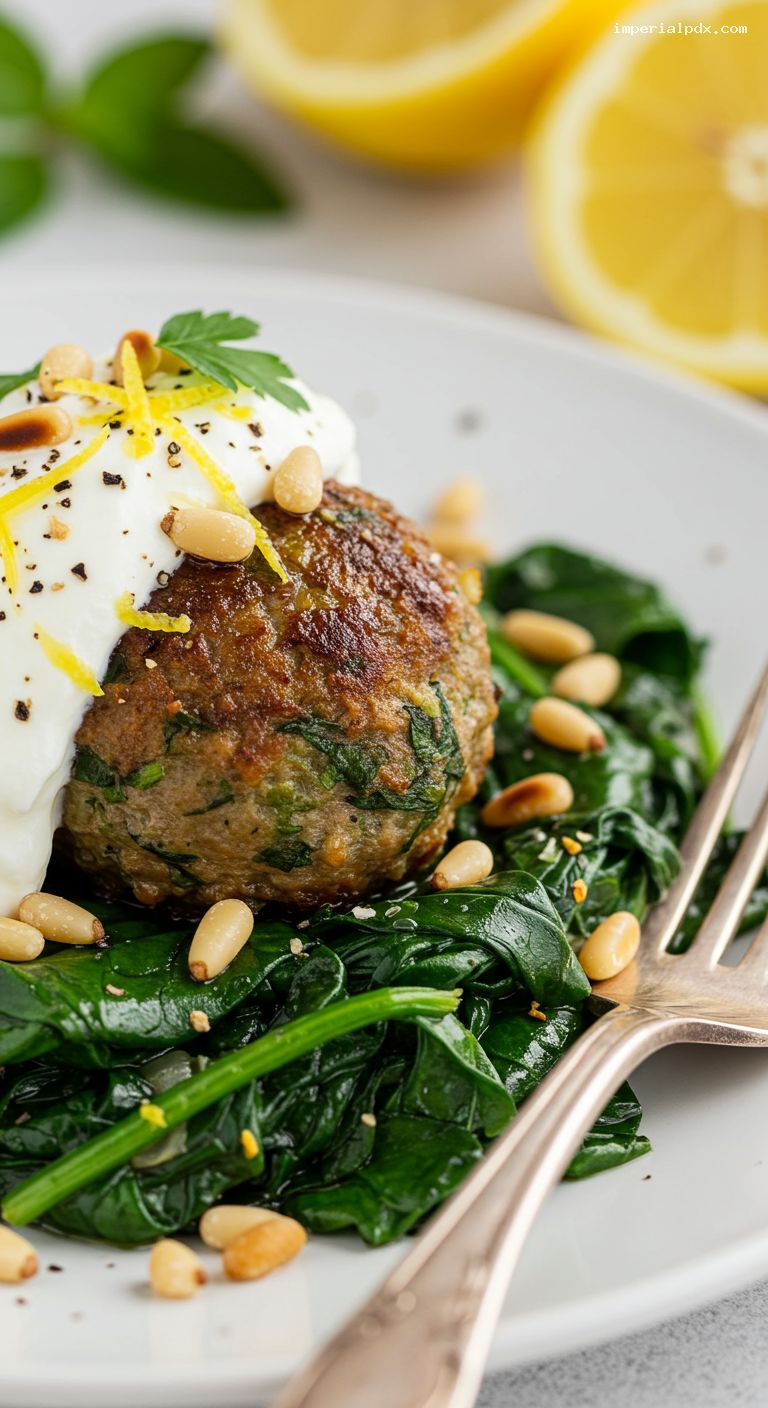 Herbed Lamb Meatballs with Lemony Greens – Closeup