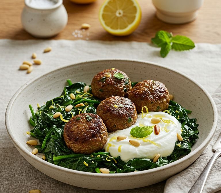 Herbed Lamb Meatballs with Lemony Greens
